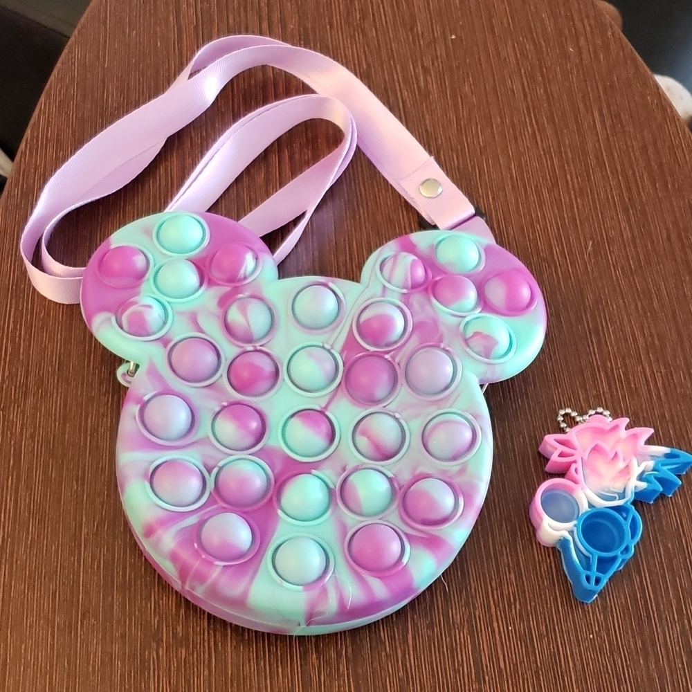 Pop Fidget Tie-dye Silicone Sensory Stress Relief Crossbody Bag w/Anime Keychain
